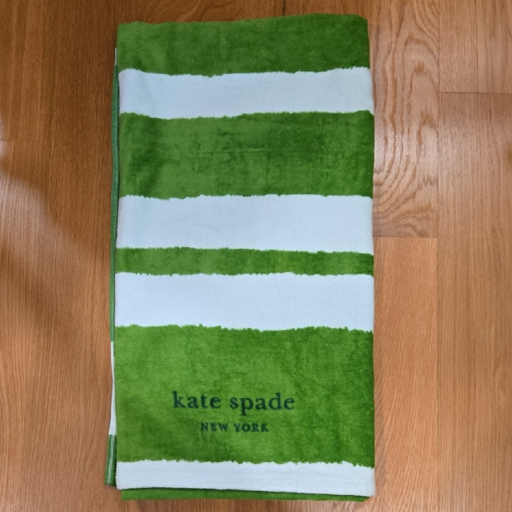 kate spade Green and White Striped Logo Beach Towel